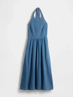 Denim Tie-Back Halter Maxi Dress
