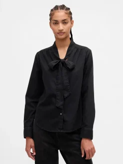 Denim Tie-Neck Shirt