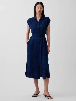 Denim Tie-Waist Utility Midi Dress