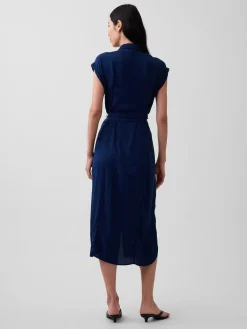 Denim Tie-Waist Utility Midi Dress