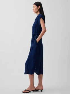 Denim Tie-Waist Utility Midi Dress
