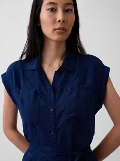 Denim Tie-Waist Utility Midi Dress