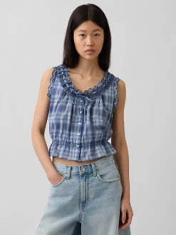 Eyelet Tie-Front Crop Peplum Top