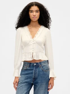 Eyelet V-Neck Peplum Top