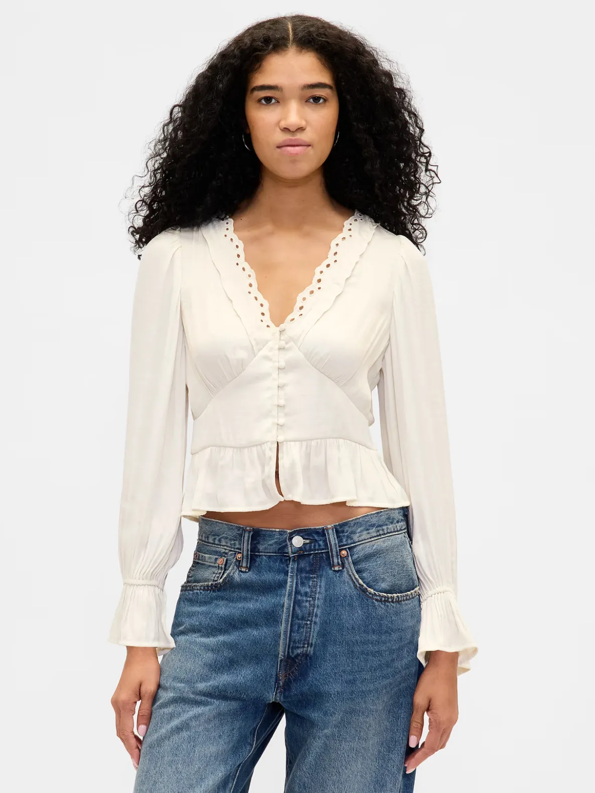 Eyelet V-Neck Peplum Top