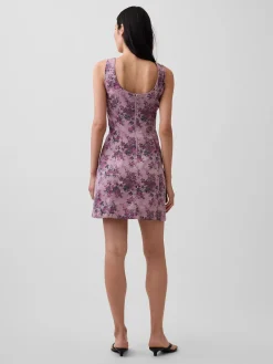 Floral Boatneck Open-Back Mini Dress