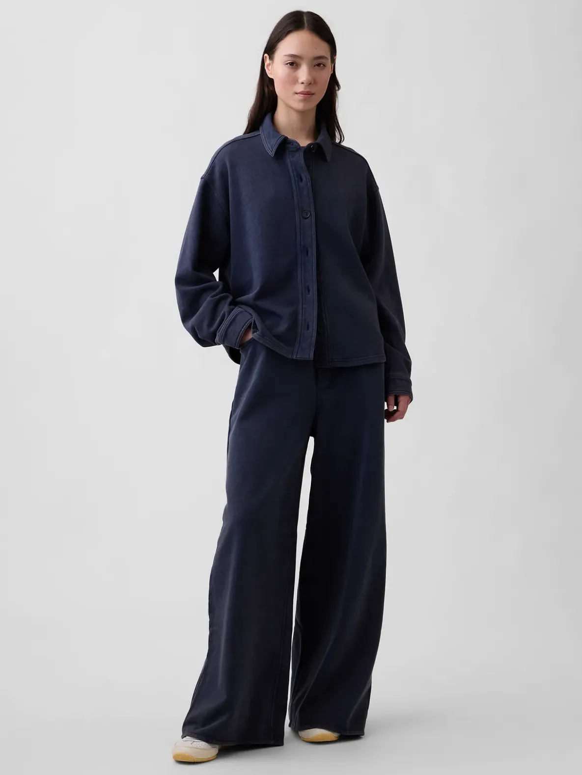 French Terry Oversized Button-Front Shirt
