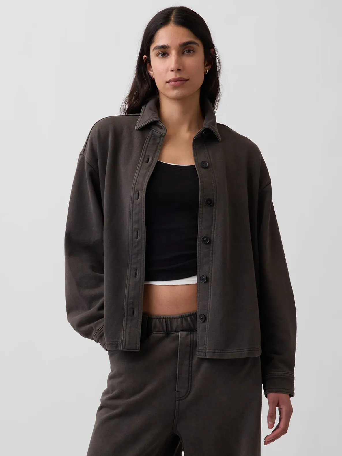 French Terry Oversized Button-Front Shirt