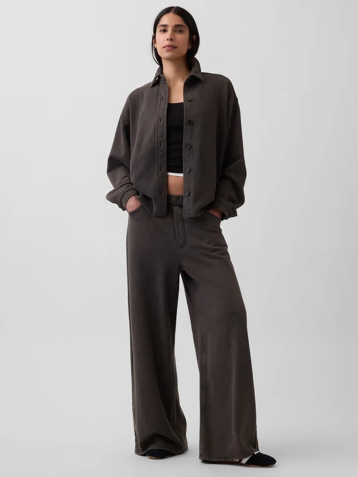 French Terry Oversized Button-Front Shirt