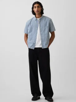 Gingham Denim Relaxed Straight-Hem Shirt