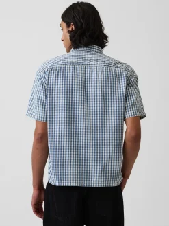 Gingham Denim Relaxed Straight-Hem Shirt