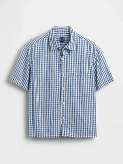 Gingham Denim Relaxed Straight-Hem Shirt