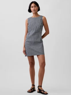 Gingham Denim Shift Mini Dress