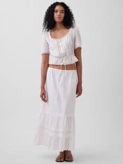 High Rise Tiered Lace-Trim Maxi Skirt