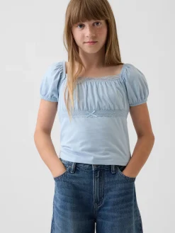 Kids Lace-Trim Puff-Sleeve Top