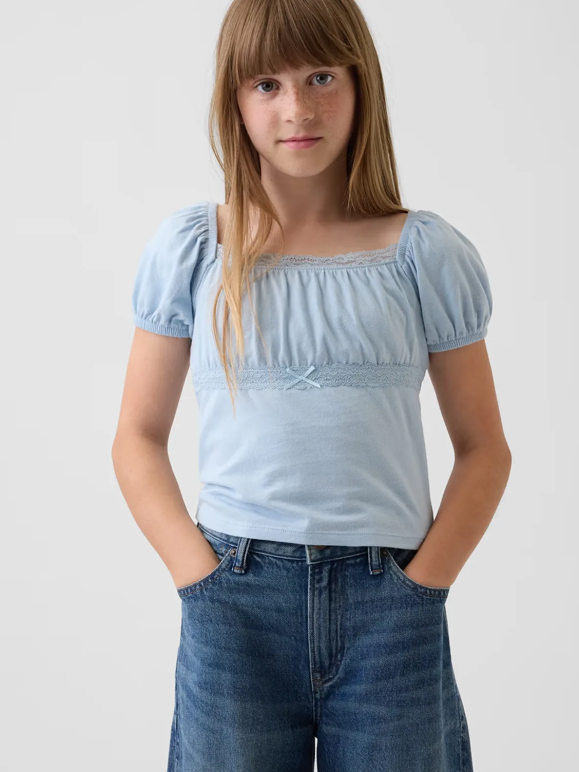 Kids Lace-Trim Puff-Sleeve Top