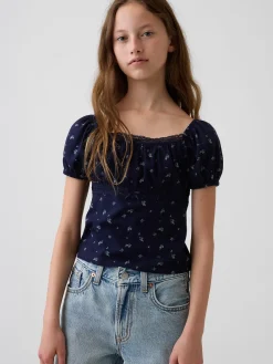 Kids Lace-Trim Puff-Sleeve Top