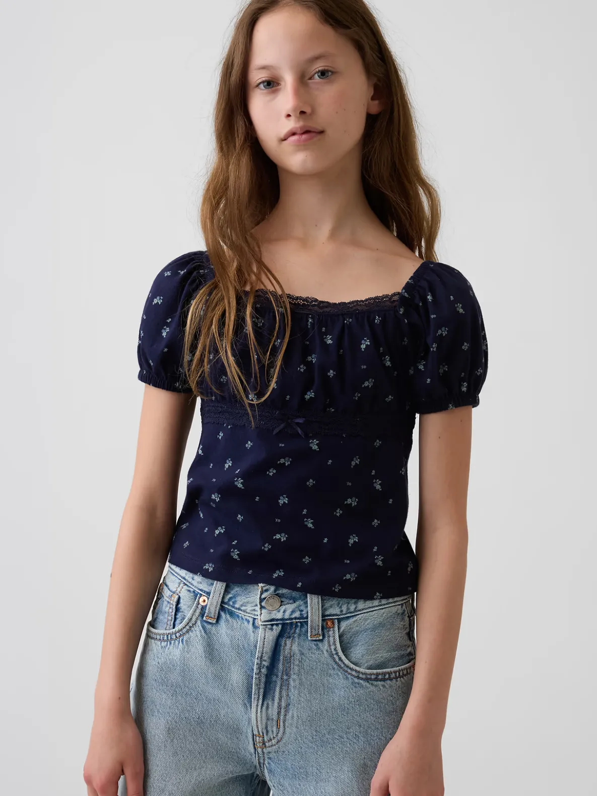 Kids Lace-Trim Puff-Sleeve Top