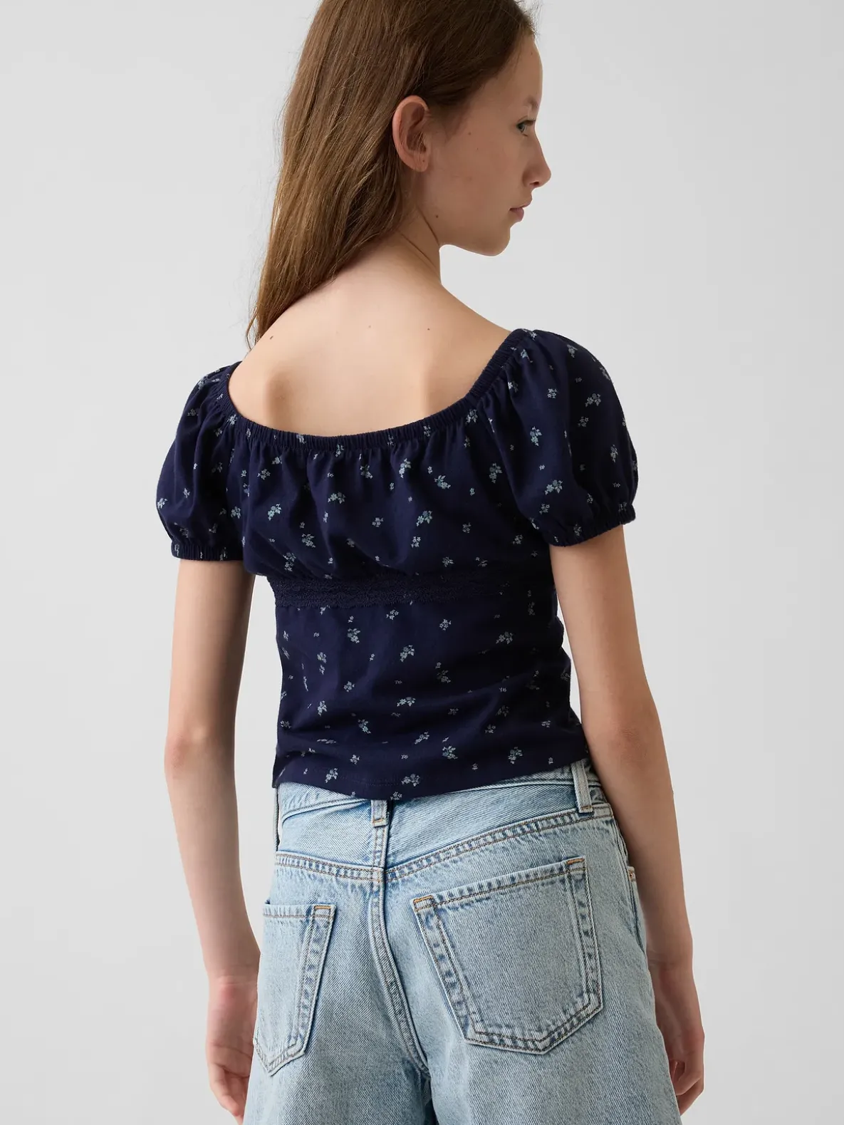 Kids Lace-Trim Puff-Sleeve Top