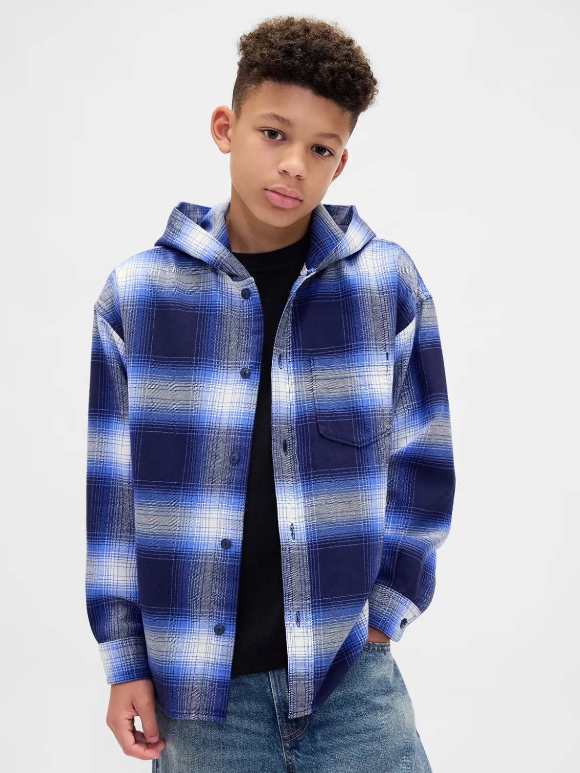 Kids Organic Cotton Hooded Flannel Shirt