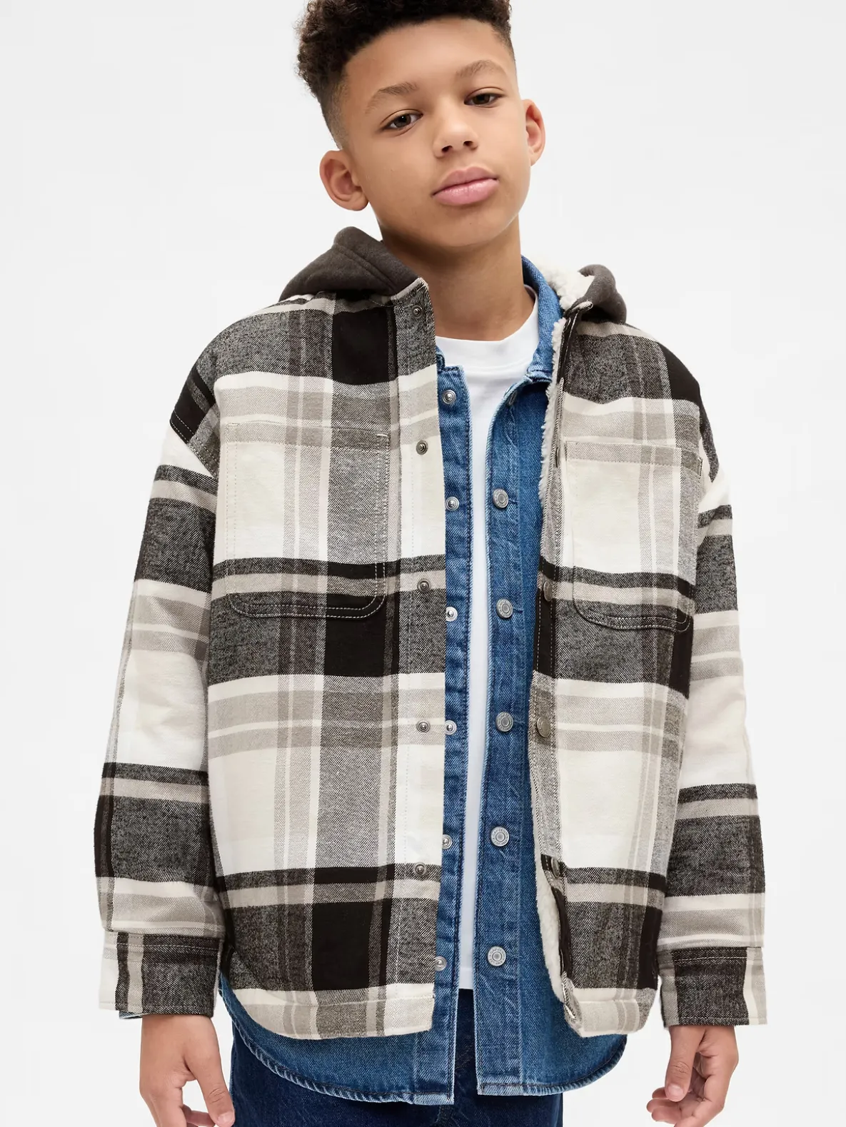 Kids Sherpa-Lined Hooded Flannel Shirt Jacket