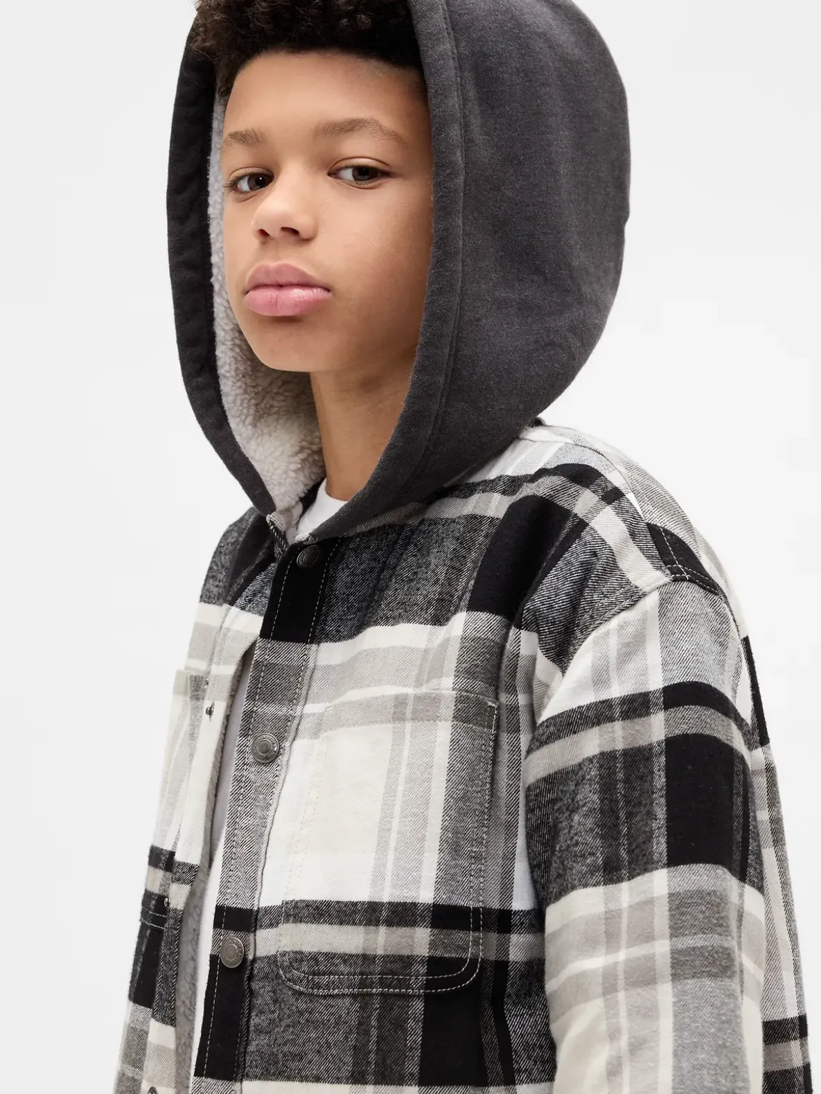 Kids Sherpa-Lined Hooded Flannel Shirt Jacket