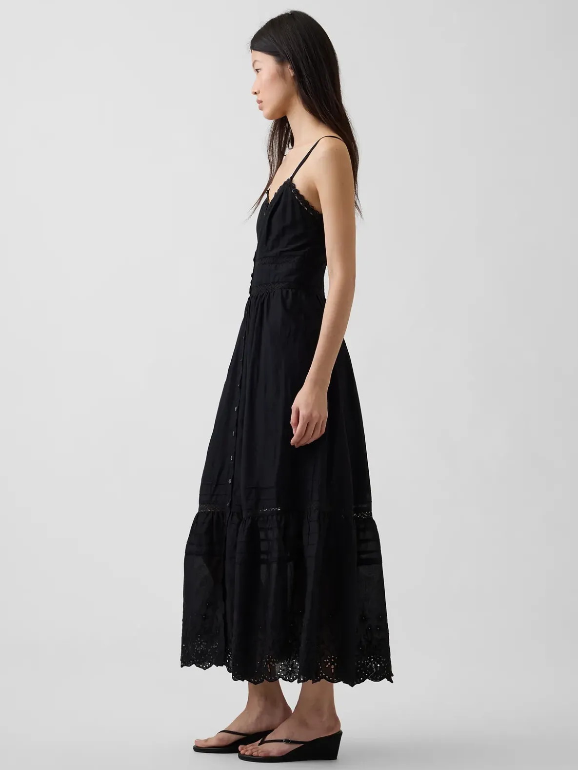 Lace-Trim Button-Front Maxi Dress