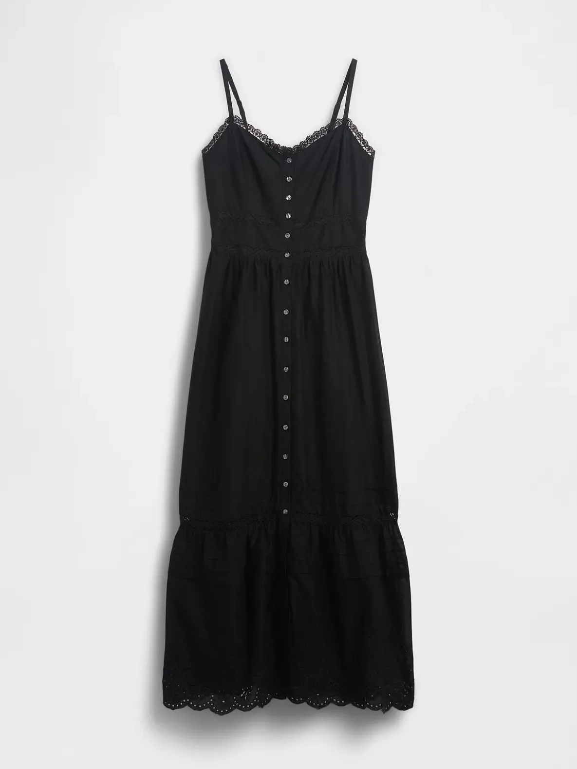Lace-Trim Button-Front Maxi Dress