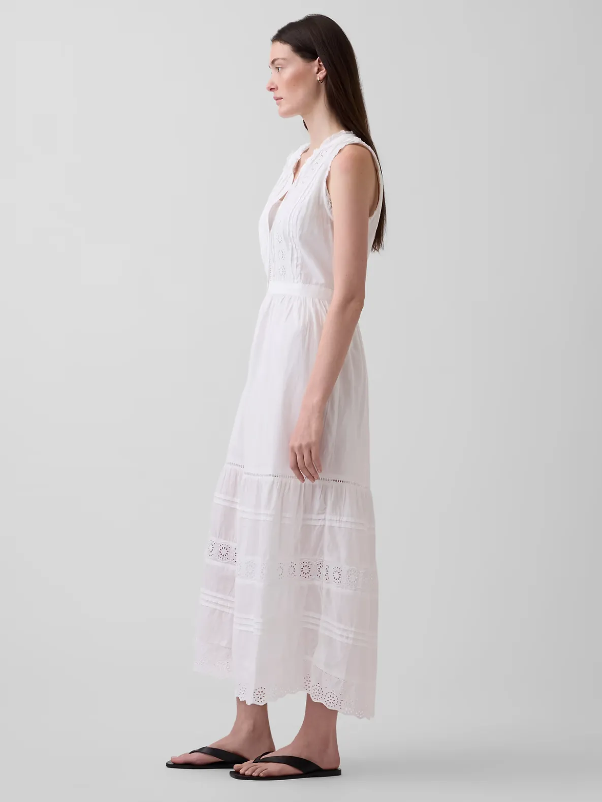 Lace-Trim Tiered Midi Shirtdress