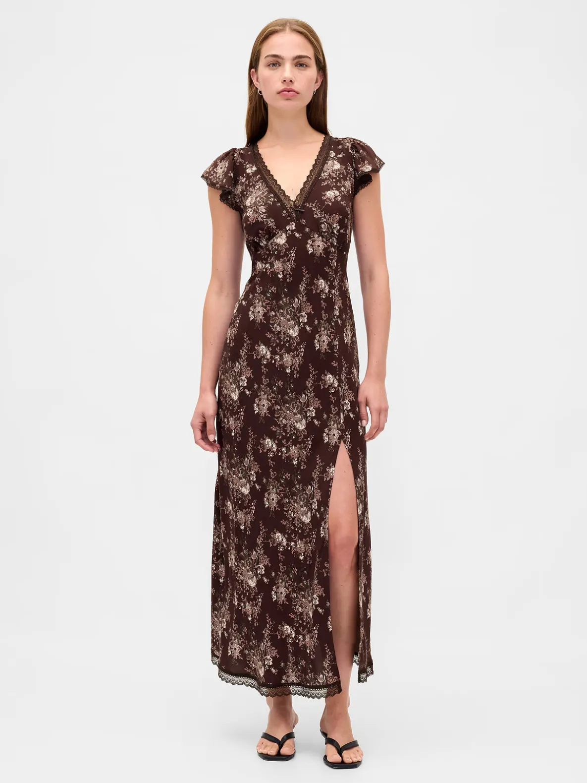 Lace-Trim V-Neck Crepe Maxi Dress
