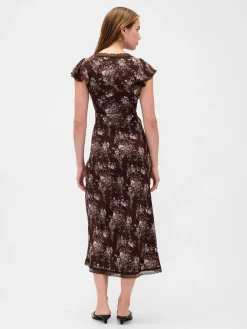Lace-Trim V-Neck Crepe Maxi Dress
