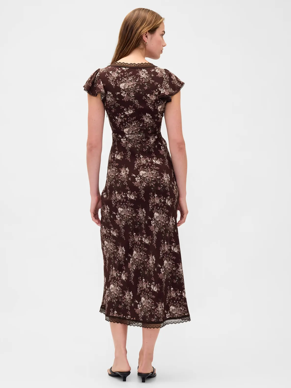 Lace-Trim V-Neck Crepe Maxi Dress