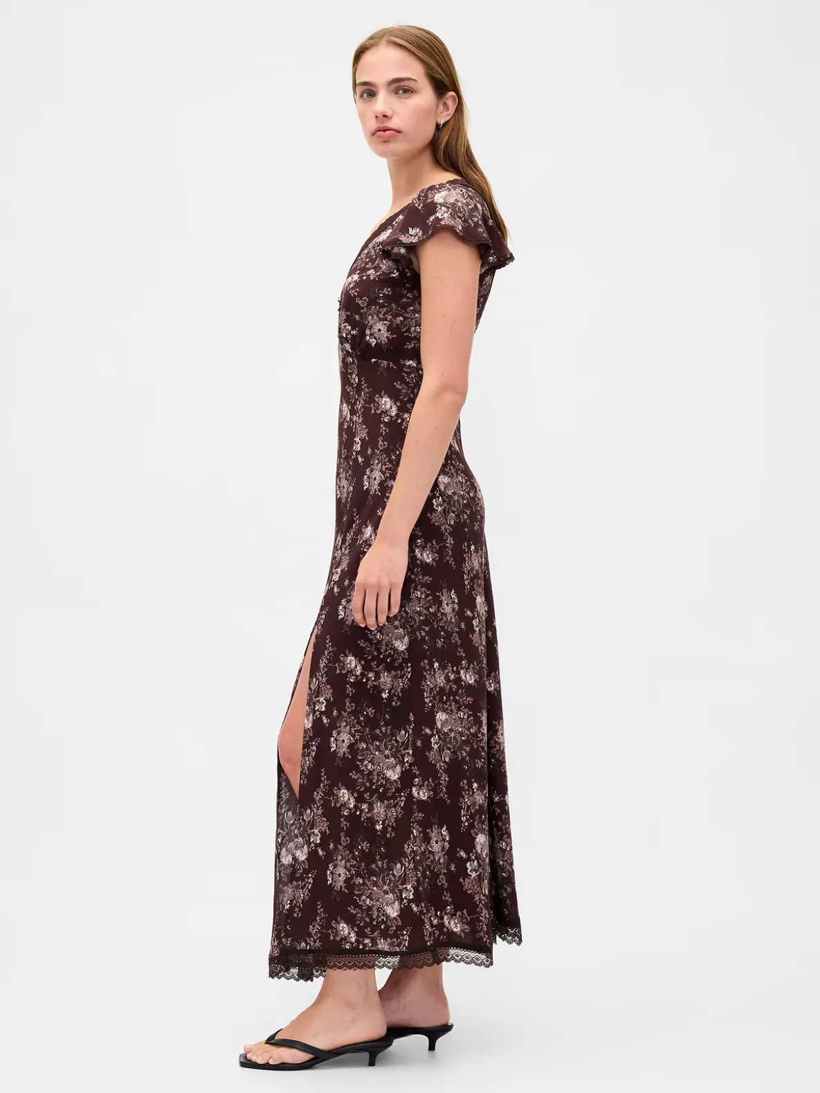 Lace-Trim V-Neck Crepe Maxi Dress