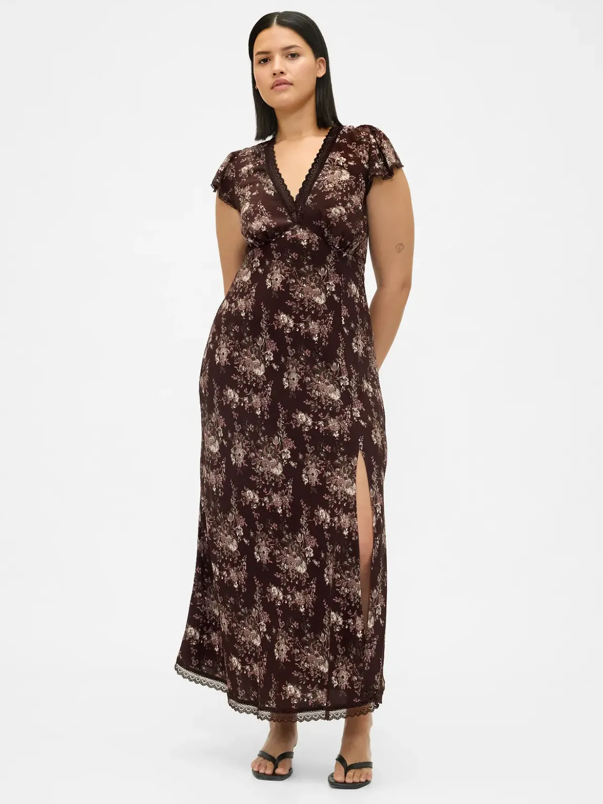 Lace-Trim V-Neck Crepe Maxi Dress