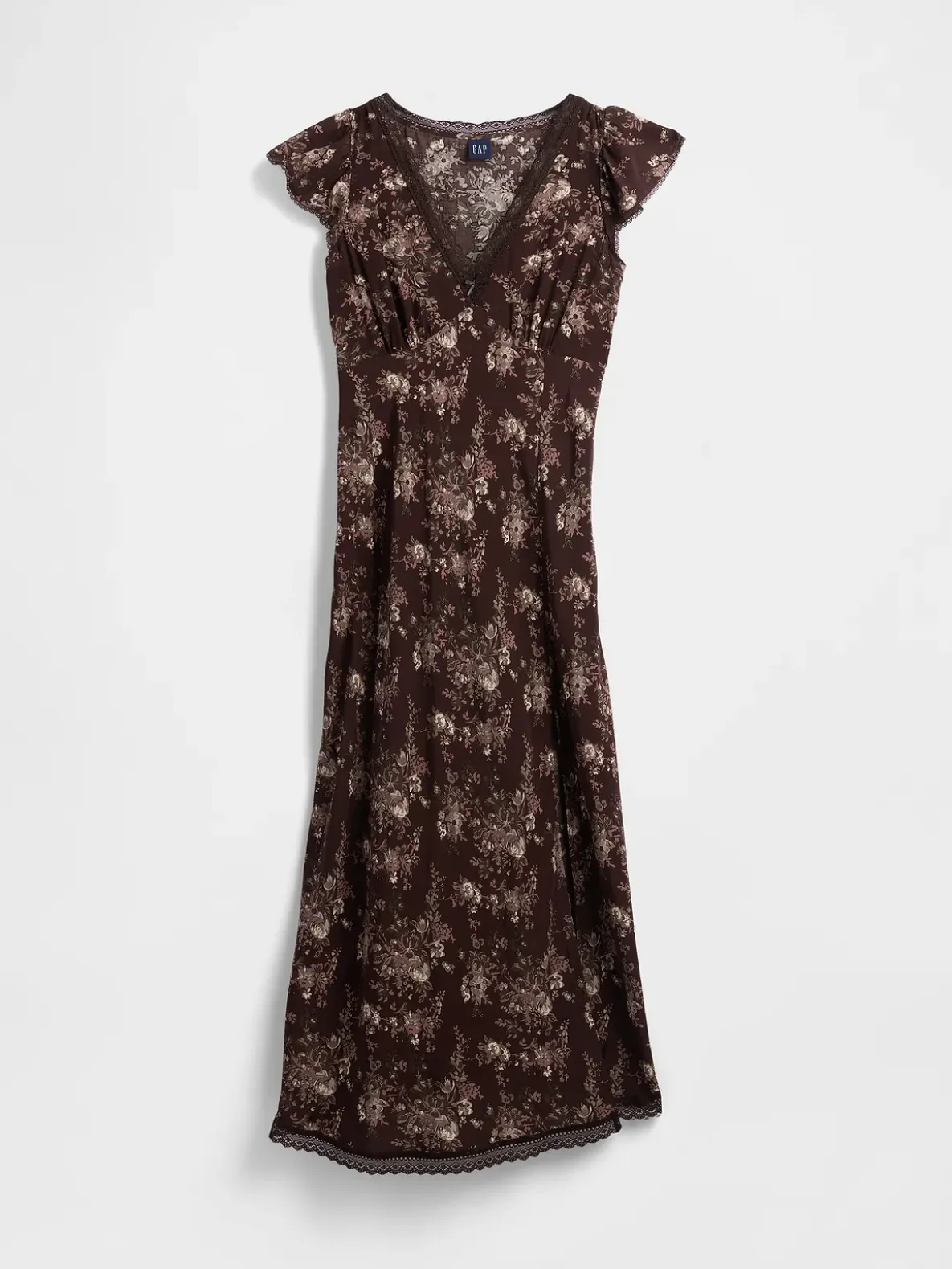 Lace-Trim V-Neck Crepe Maxi Dress