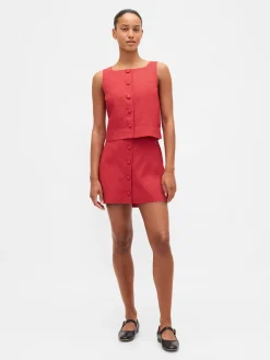Linen-Blend Button-Front Mini Skort