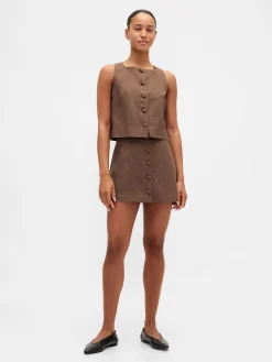 Linen-Blend Button-Front Mini Skort