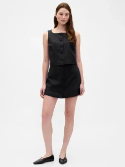Linen-Blend Button-Front Mini Skort