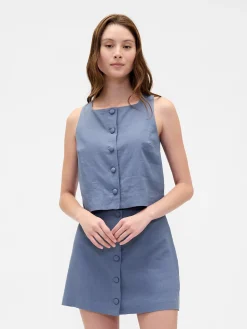 Linen-Blend Button-Front Shell Top