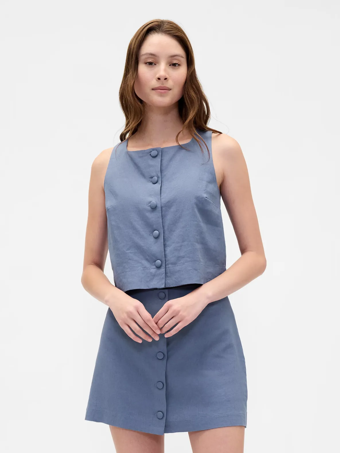 Linen-Blend Button-Front Shell Top