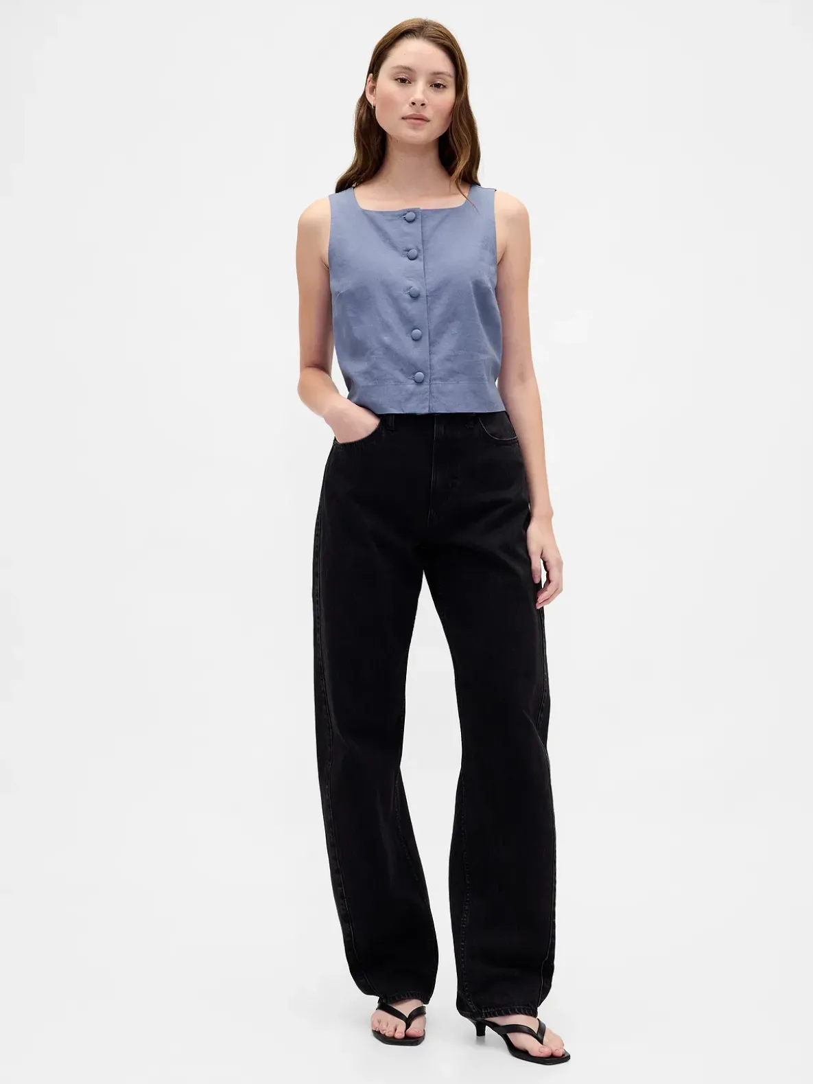 Linen-Blend Button-Front Shell Top