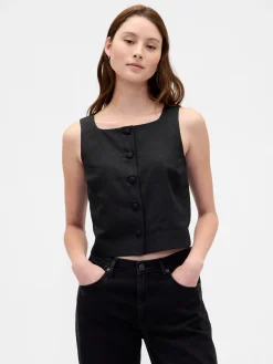 Linen-Blend Button-Front Shell Top