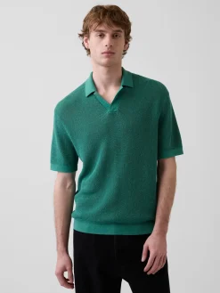 Linen-Blend Camp Polo Sweater Shirt