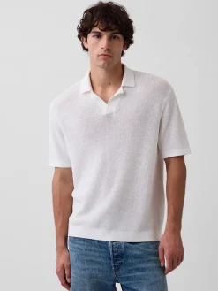 Linen-Blend Camp Polo Sweater Shirt