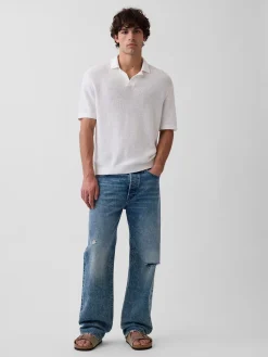 Linen-Blend Camp Polo Sweater Shirt