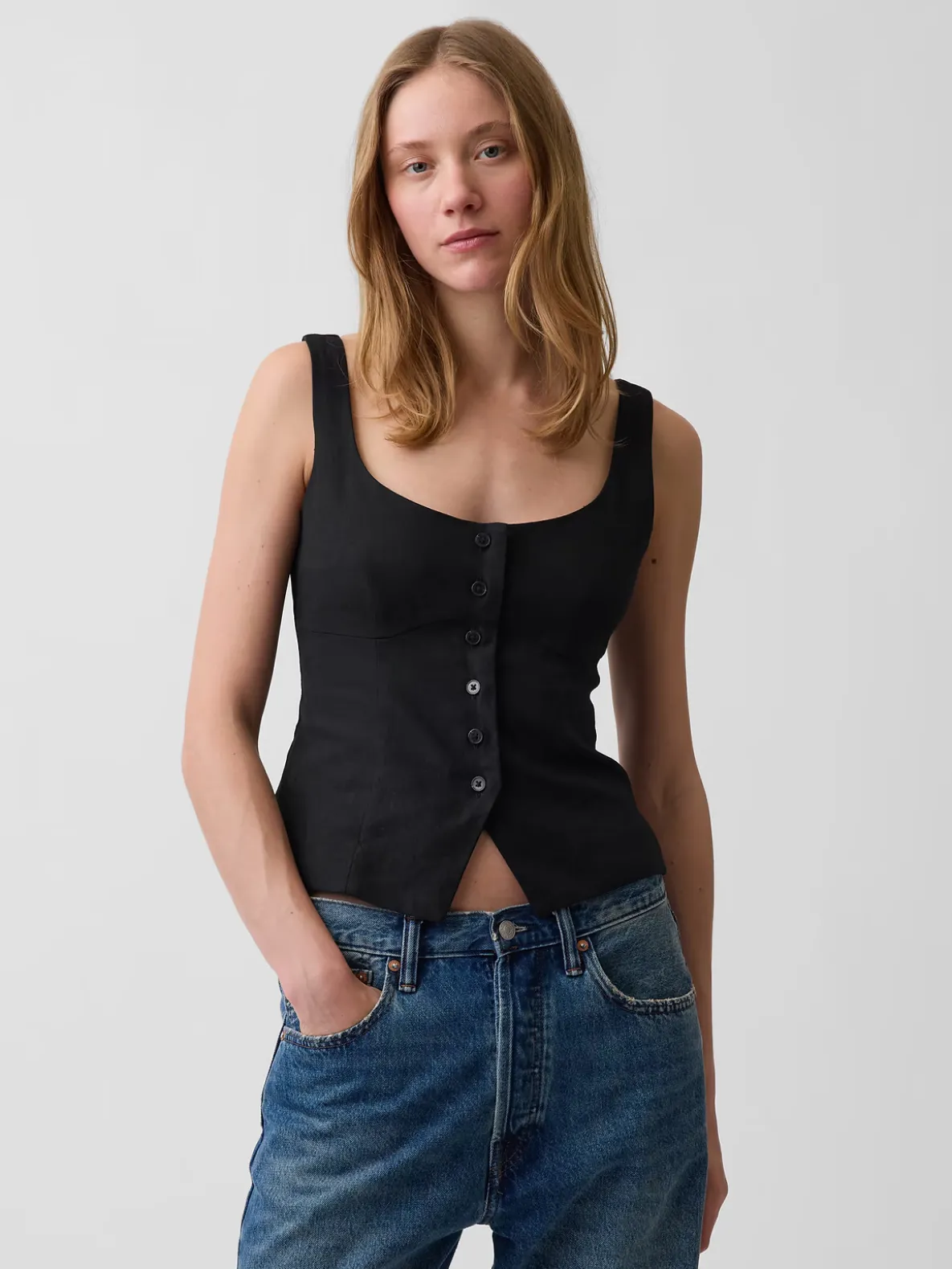 Linen-Blend Corset Vest Top