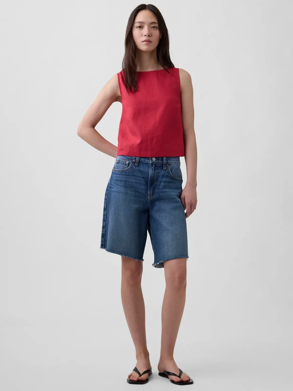 Linen-Blend Crop Shell Tank Top