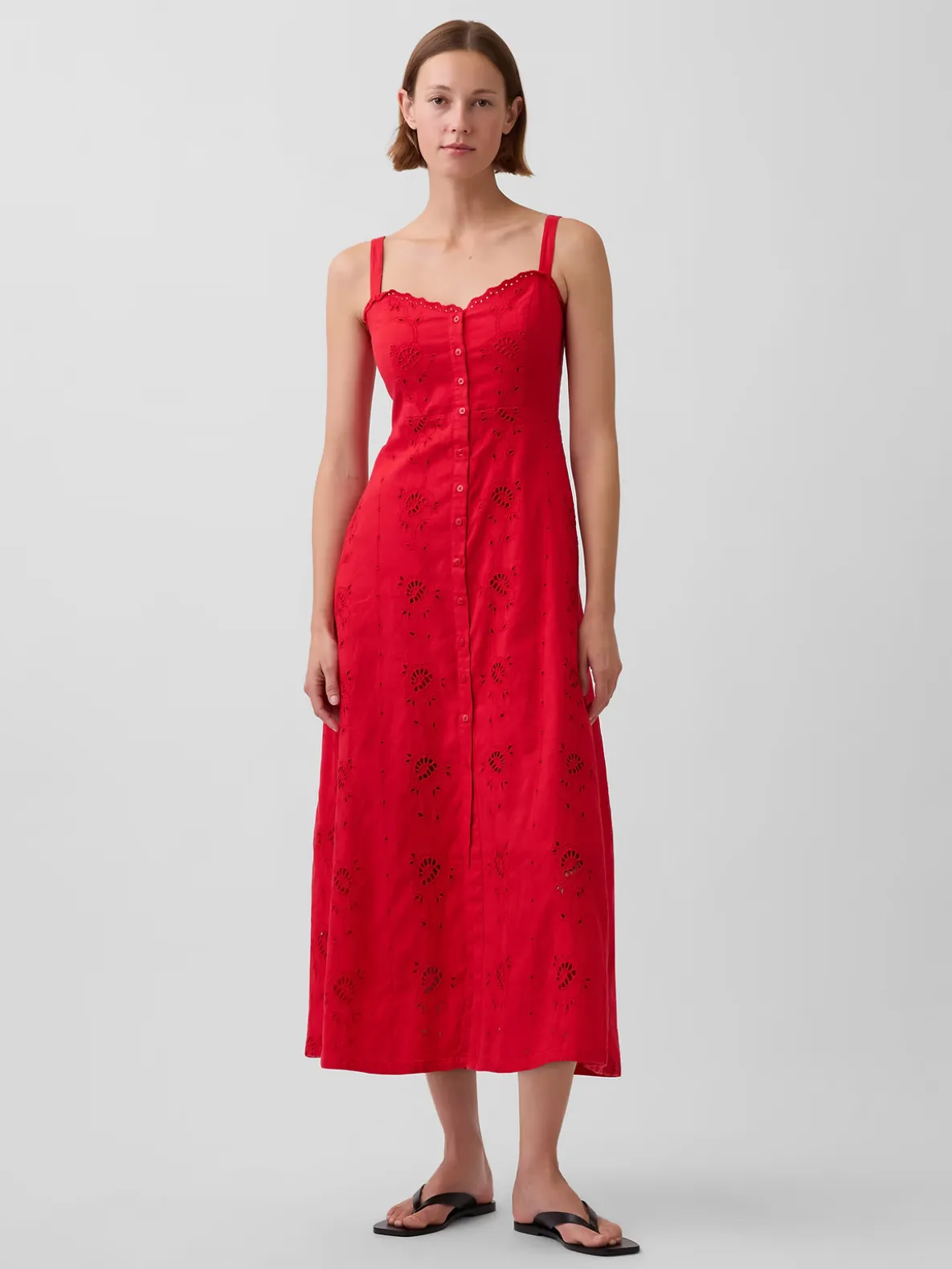 Linen-Blend Embroidered Button-Front Cami Maxi Dress