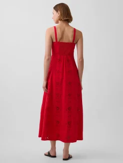 Linen-Blend Embroidered Button-Front Cami Maxi Dress