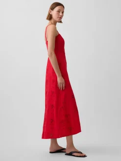 Linen-Blend Embroidered Button-Front Cami Maxi Dress